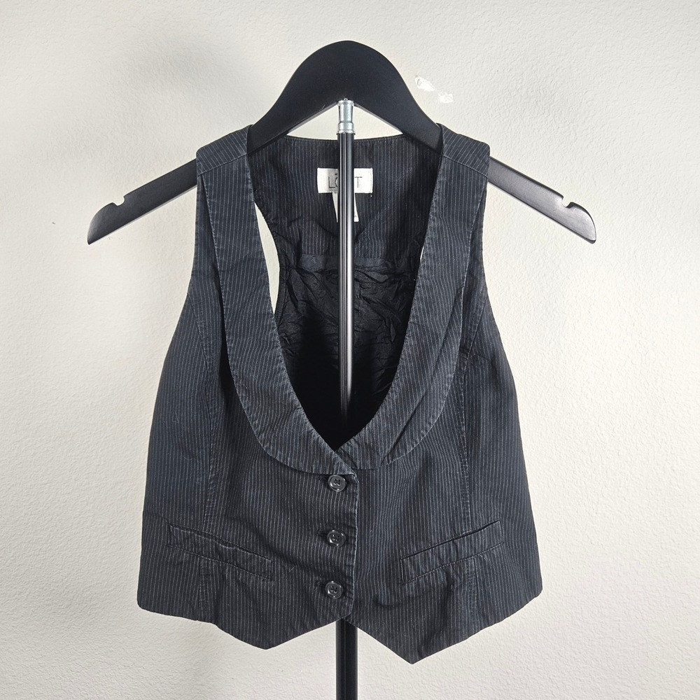 Ann Taylor LOFT Vest Women 0 Black Pinstripe Shawl Collar Racerback Office Siren